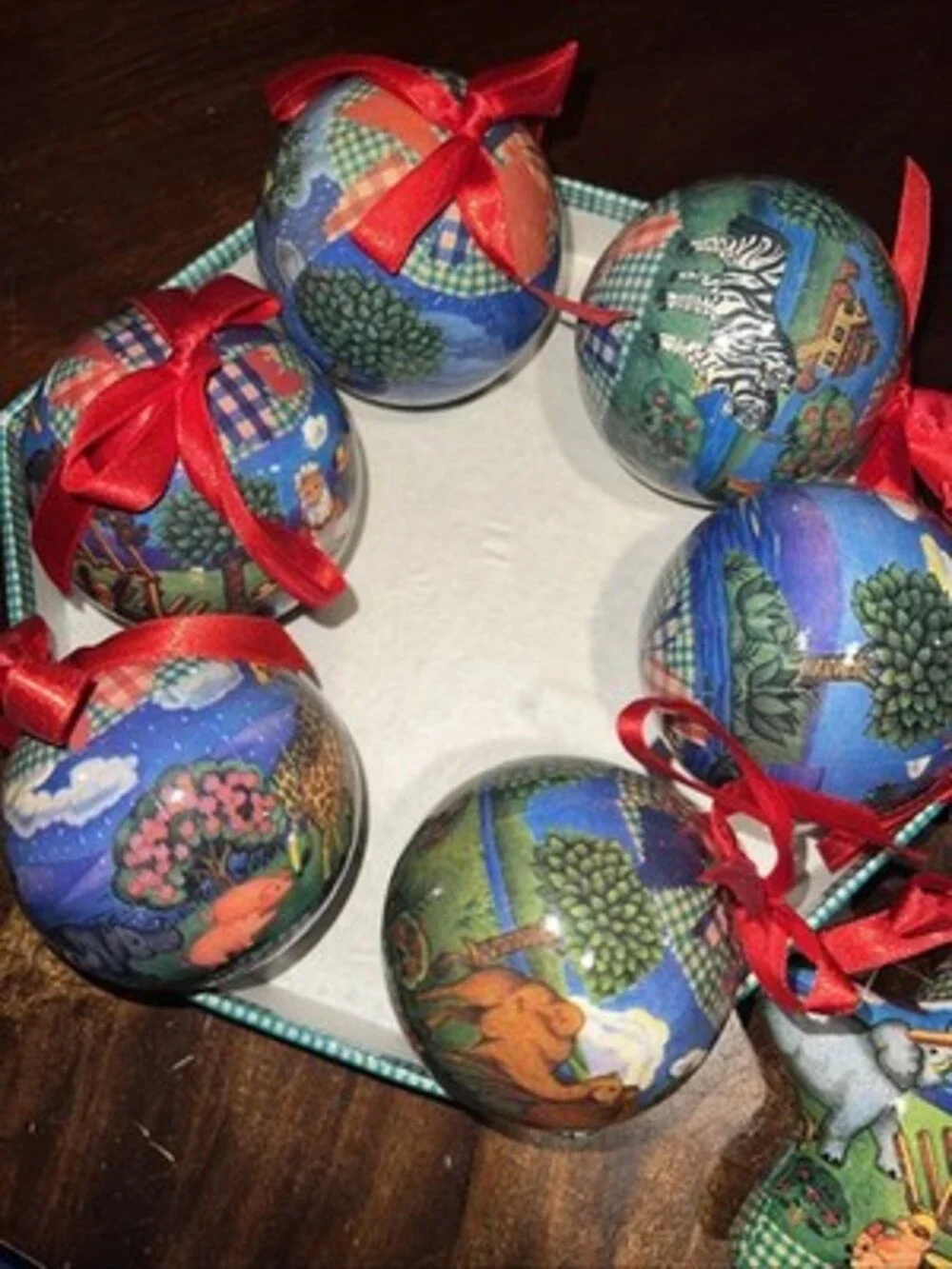 Noahs Ark Christmas Ornaments Decoupage in Original Box Set of 12 Vintage 1996